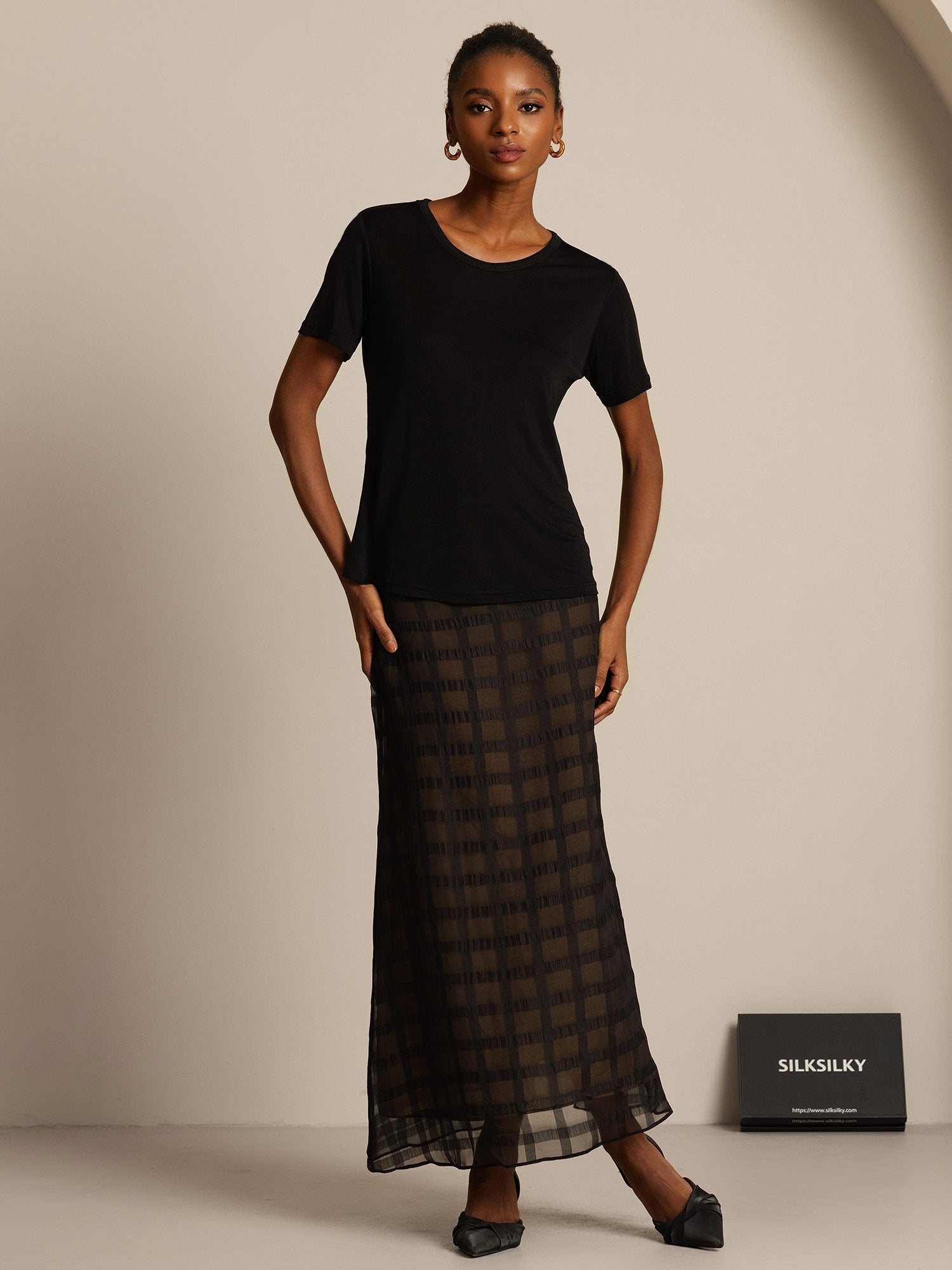 [Nero] SilkSilky-IT Maglia di seta Womens T-Shirt 006