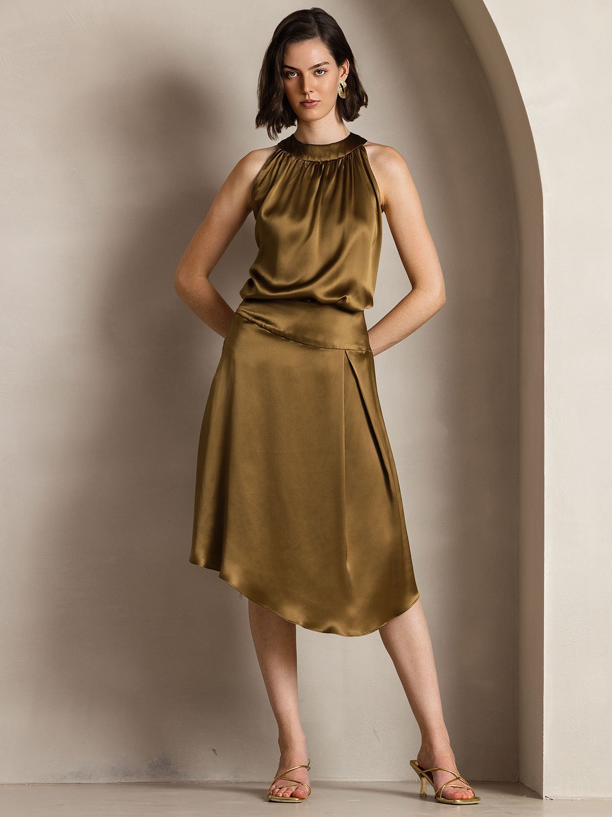 [Marrone] SilkSilky-IT 19Momme Seta Senza maniche Womens T-Shirt 005