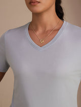 [Blu Grigiastro] SilkSilky-IT Short Sleeve V Neck Magliette donna 004