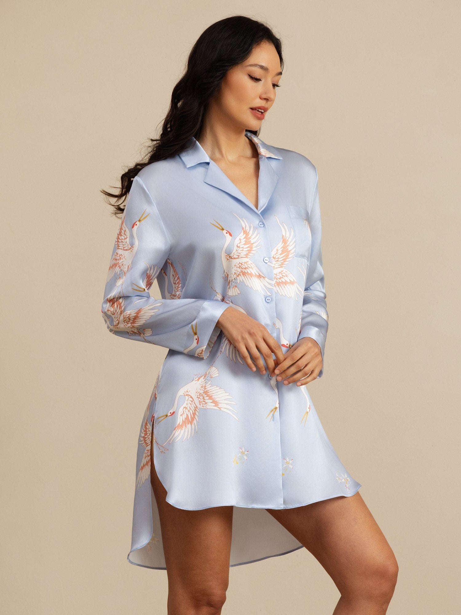 [Azzurro] SilkSilky-IT 19Momme Manica lunga Collo a Taglio Camicia da notte 001