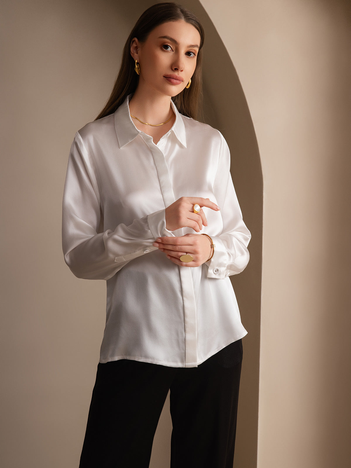 [Bianco] SilkSilky-IT 19Momme Seta Lapel Collar Camicie da donna 005