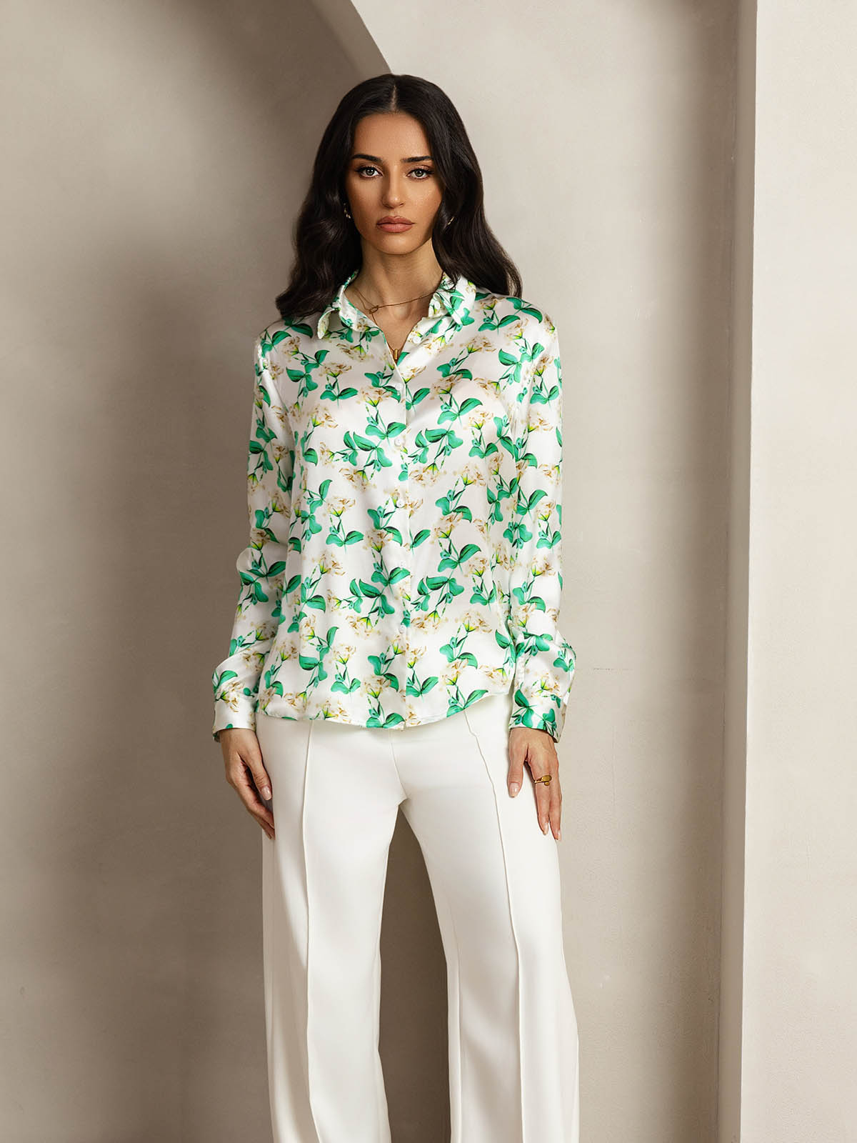 [Floreale Verde] SilkSilky-IT Seta Colletto risvolto Camicie da donna 003