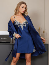 [Blu Scuro] SilkSilky-IT 3/4 Sleeve V Neck Set camicia e vestaglia 004