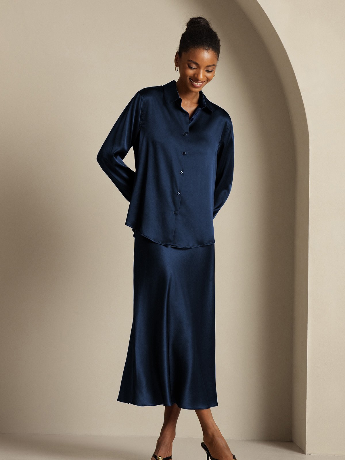 [Blu Scuro] SilkSilky-IT 19Momme Seta Colletto risvolto Women''s Outfit Sets 004,