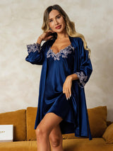 [Blu Scuro] SilkSilky-IT 3/4 Sleeve V Neck Set camicia e vestaglia 001