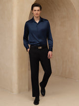 [Blu Scuro] SilkSilky-IT 19Momme Manica lunga Colletto con Revers Camicia da uomo 007