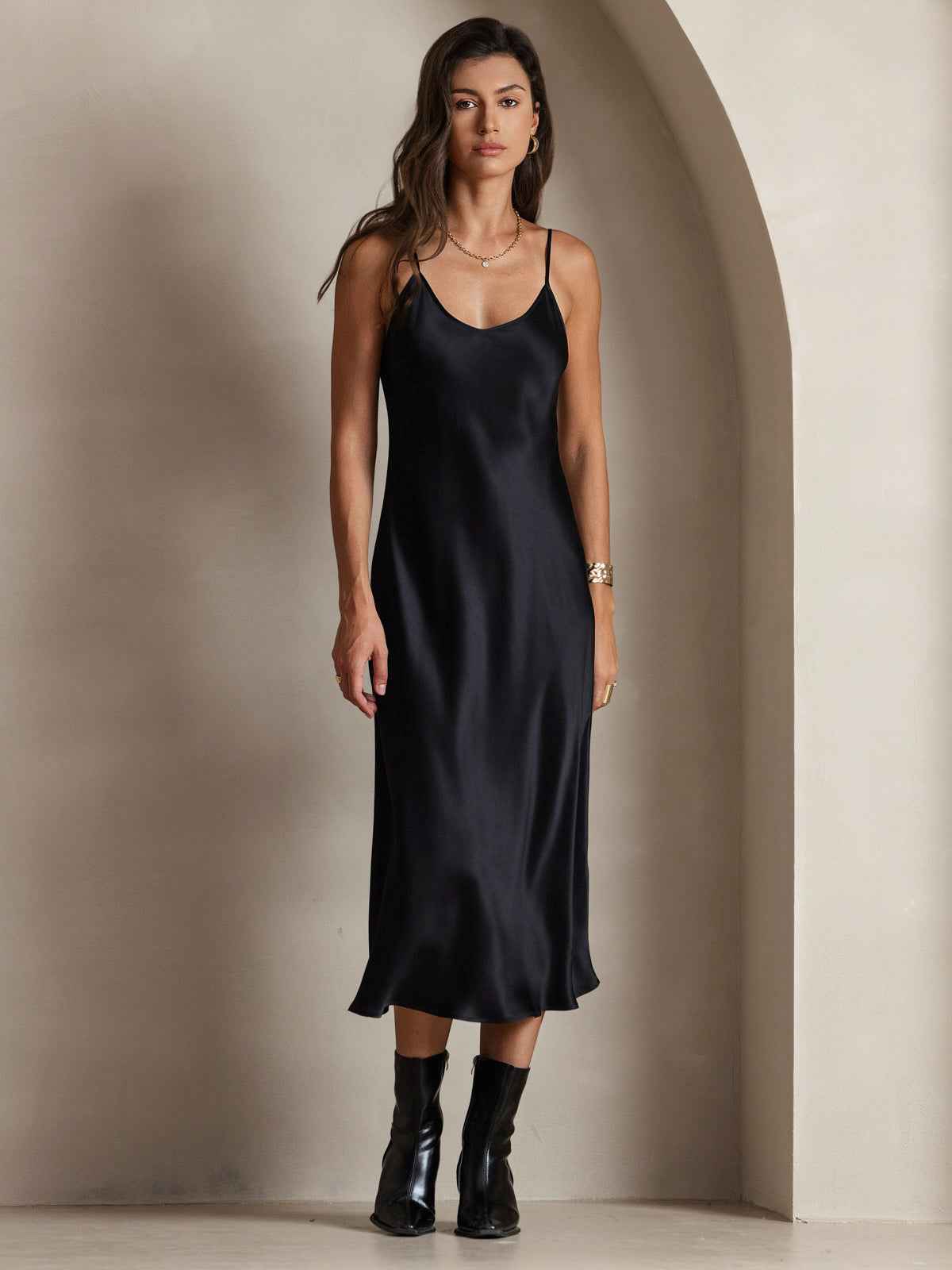 [Nero] SilkSilky-IT Sleeveless V Neck Vestiti da donna 001