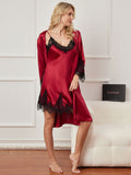 SilkSilky IT Seta pura A tre quarti Nightgown&Robe Set RossoScuro 004