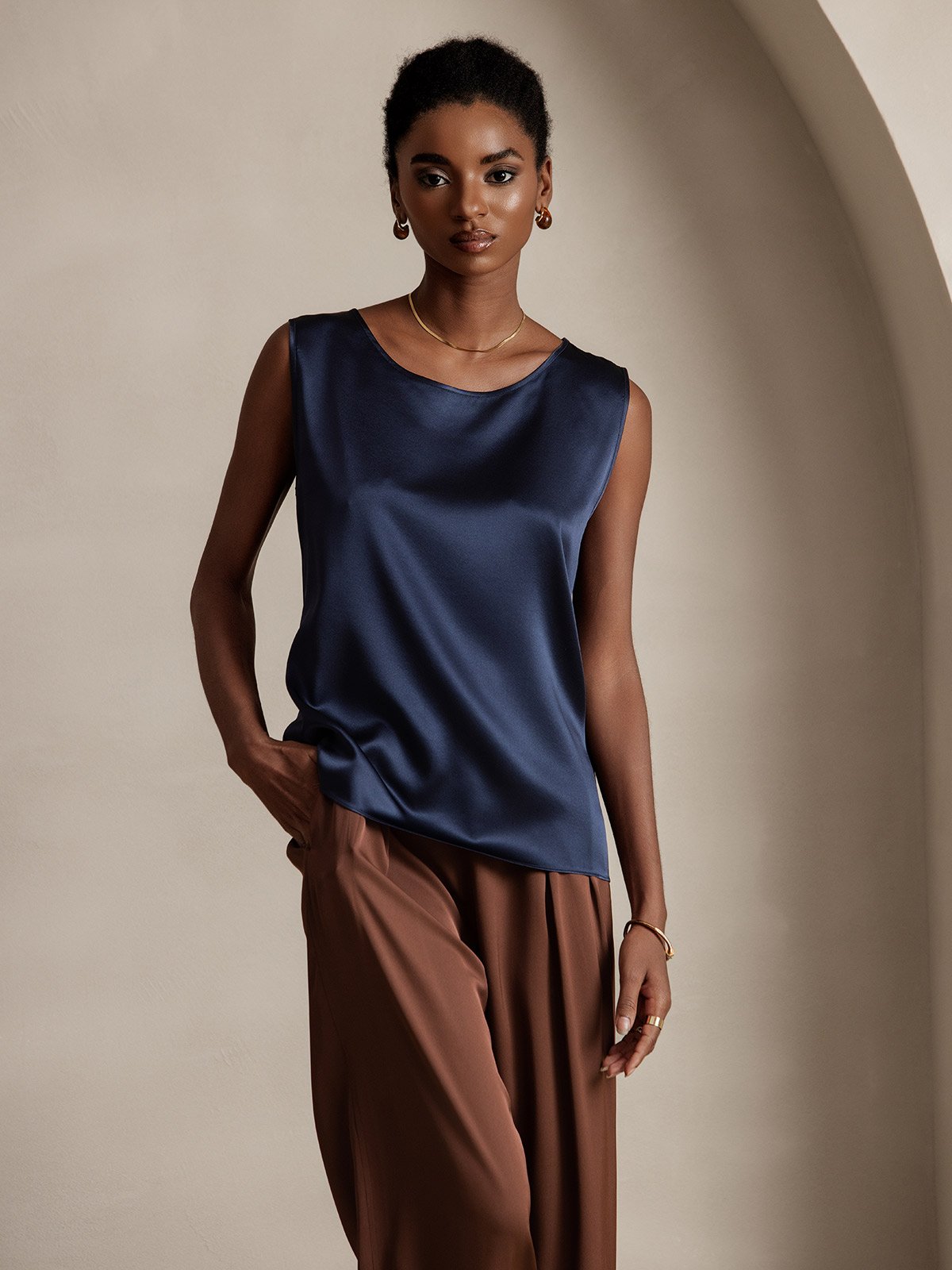 [Blu Scuro] SilkSilky-IT 19Momme Senza maniche Scollo rotondo Cami 001
