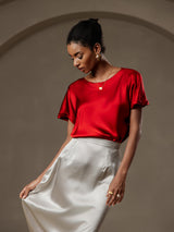 [Vino] SilkSilky-IT 19Momme Maniche Corte Scollo barchetta Magliette donna 005