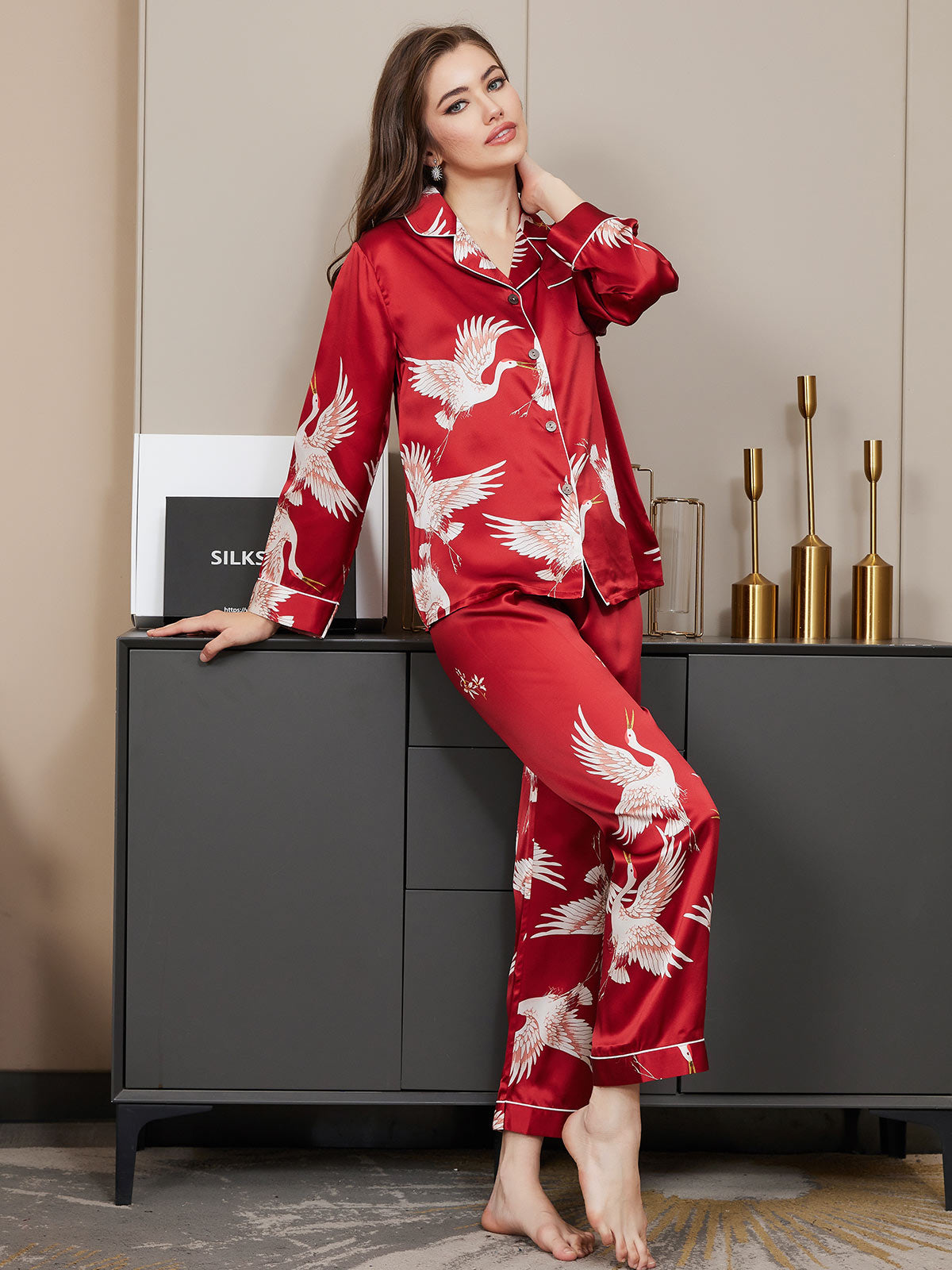 [Rosso Scuro] SilkSilky-IT 19Momme Seta pura Manica lunga Collo risvolto dentellato Pigiami da donna 002