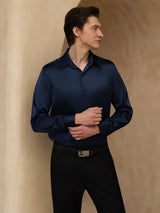 [Blu Scuro] SilkSilky-IT 19Momme Manica lunga Colletto con Revers Camicia da uomo 004