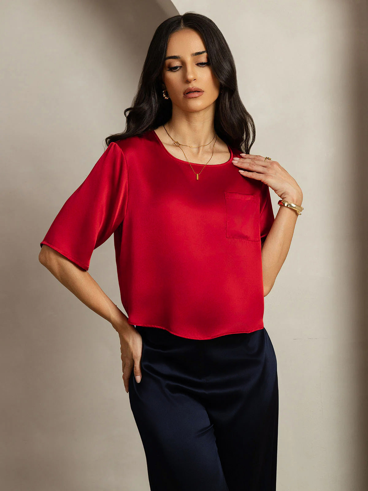 [Rosso Scuro] SilkSilky-IT Seta pura Womens T-Shirt 005