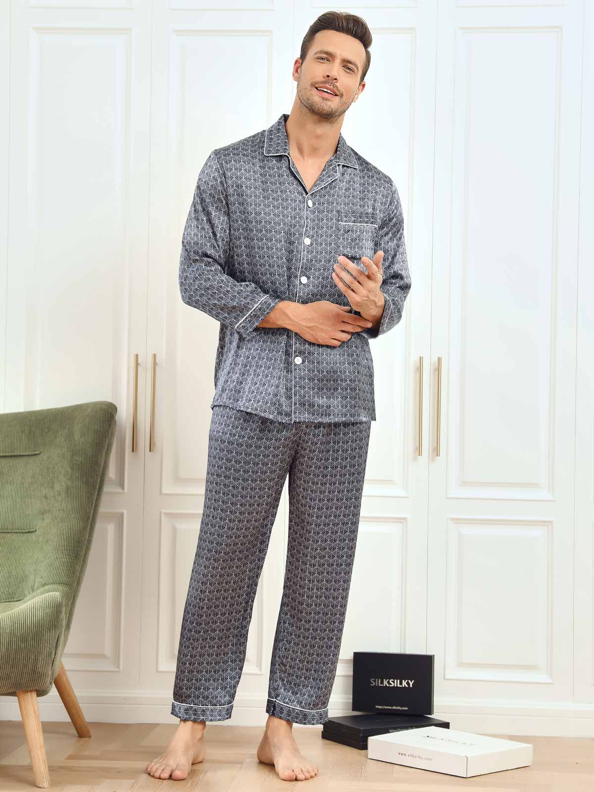 [Ginkgo Blu Navy] SilkSilky-IT 19Momme Seta pura Mens Pajamas 006