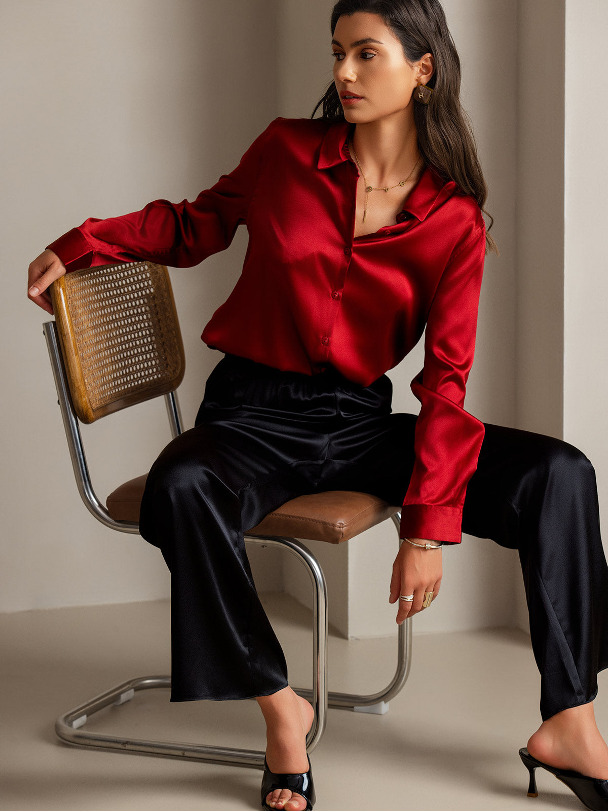 [Rosso] SilkSilky-IT Seta Colletto risvolto Camicie da donna 001