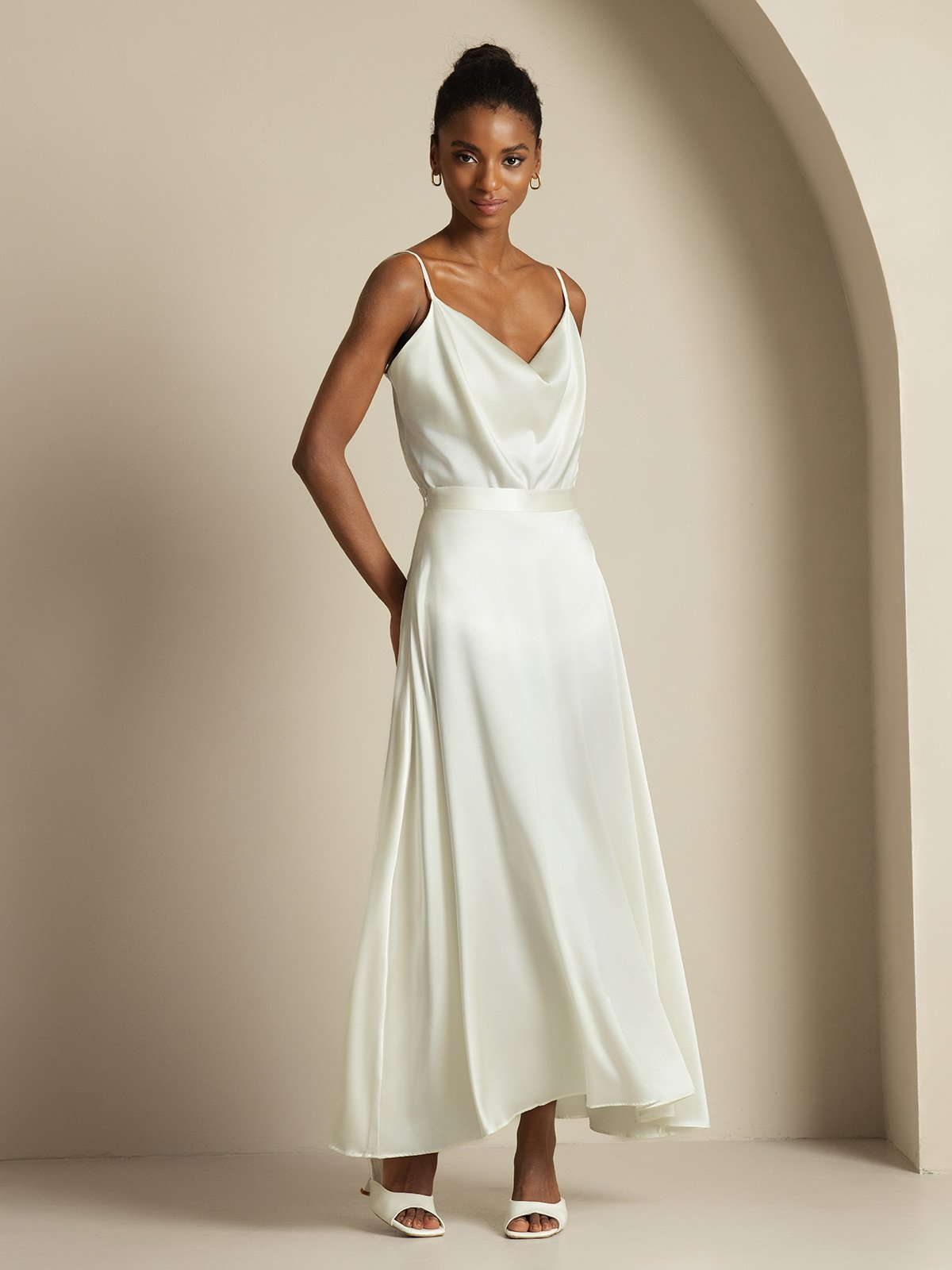 [Bianco] SilkSilky-IT 19Momme Seta Collo drappeggiato Women''s Outfit Sets 005,