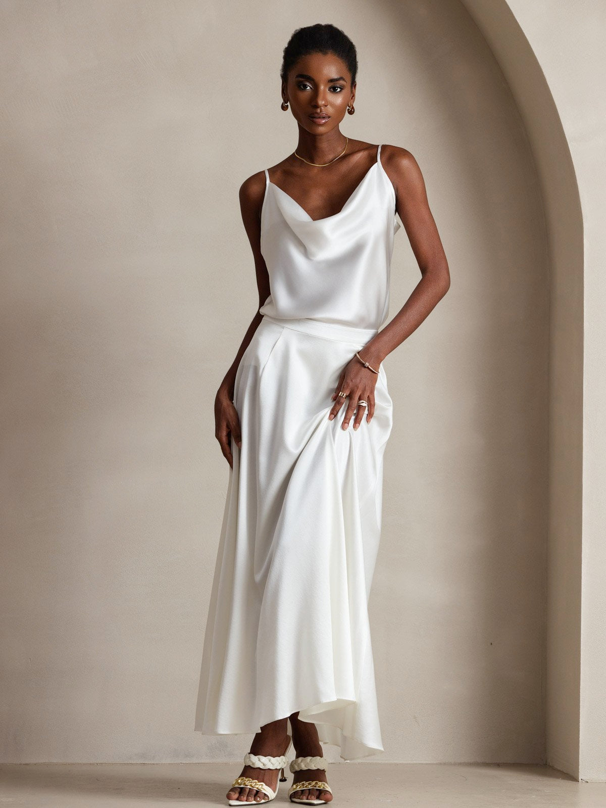 [Bianco] SilkSilky-IT 19Momme Tirantes Finos Collo drappeggiato Cami 001