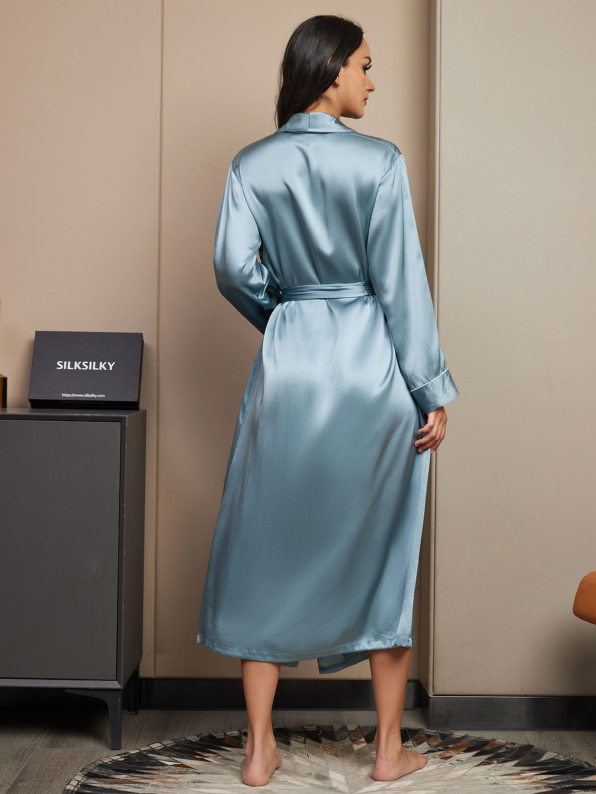[Blu Grigiastro] SilkSilky-IT 19Momme Seta pura Womens Robe 002,