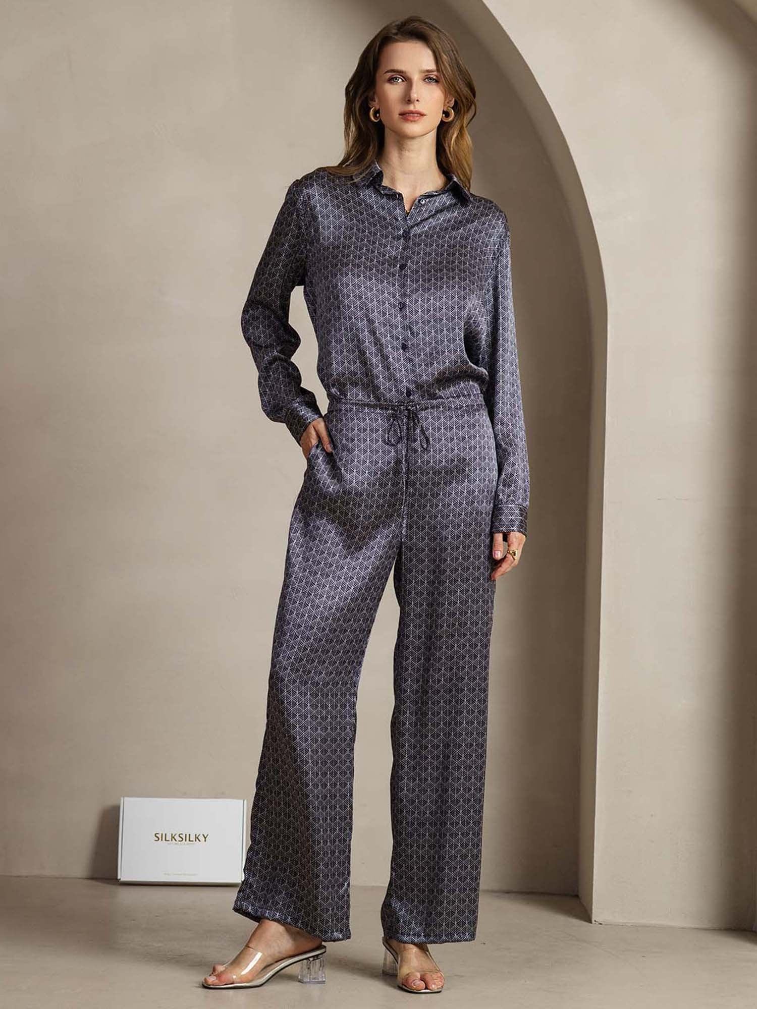 [GinkgoBluNavy] SilkSilky-IT 19Momme Seta Colletto risvolto Women''s Outfit Sets 001
