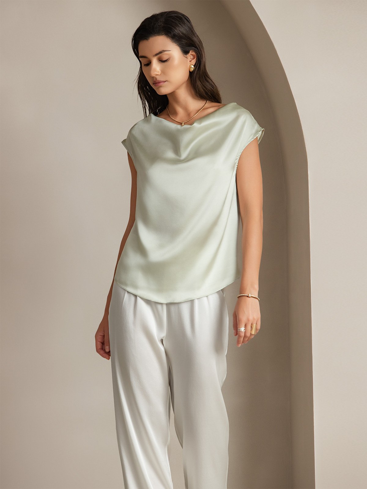 [Verde Chiaro] SilkSilky-IT 19Momme Manica a Cuffia Collo drappeggiato Magliette donna 003