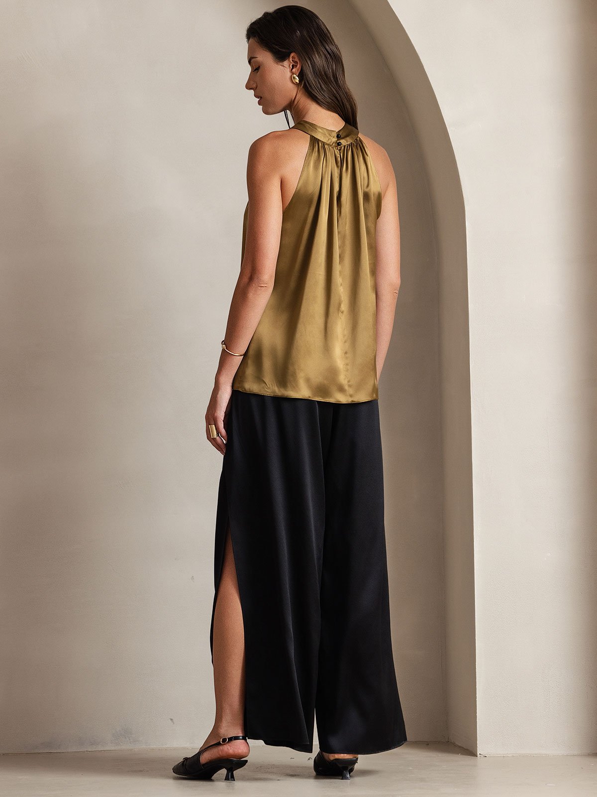 [Marrone] SilkSilky-IT 19Momme Seta Senza maniche Womens T-Shirt 002