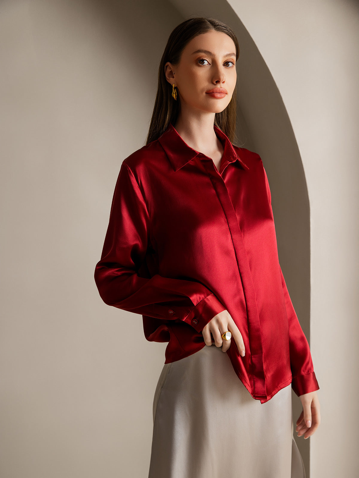 [Vino] SilkSilky-IT 19Momme Seta Lapel Collar Camicie da donna 003
