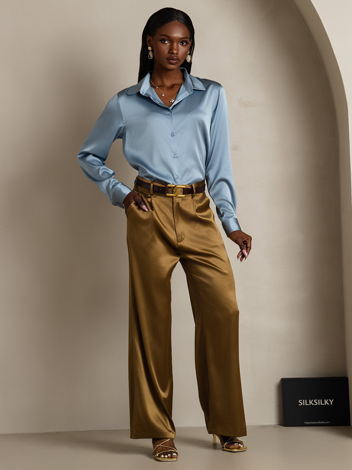 [Blu Grigiastro] SilkSilky-IT Manica lunga Colletto risvolto Camicie da donna 007