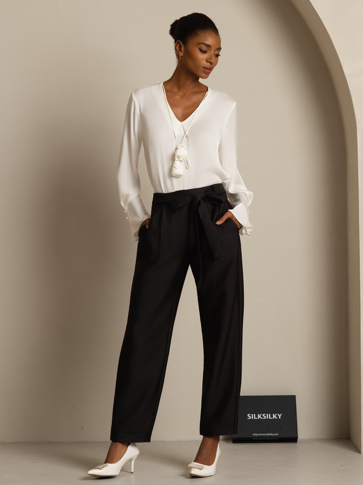 [Bianco] SilkSilky-IT 19Momme Seta Manica lunga Scollo a V Camicette 007