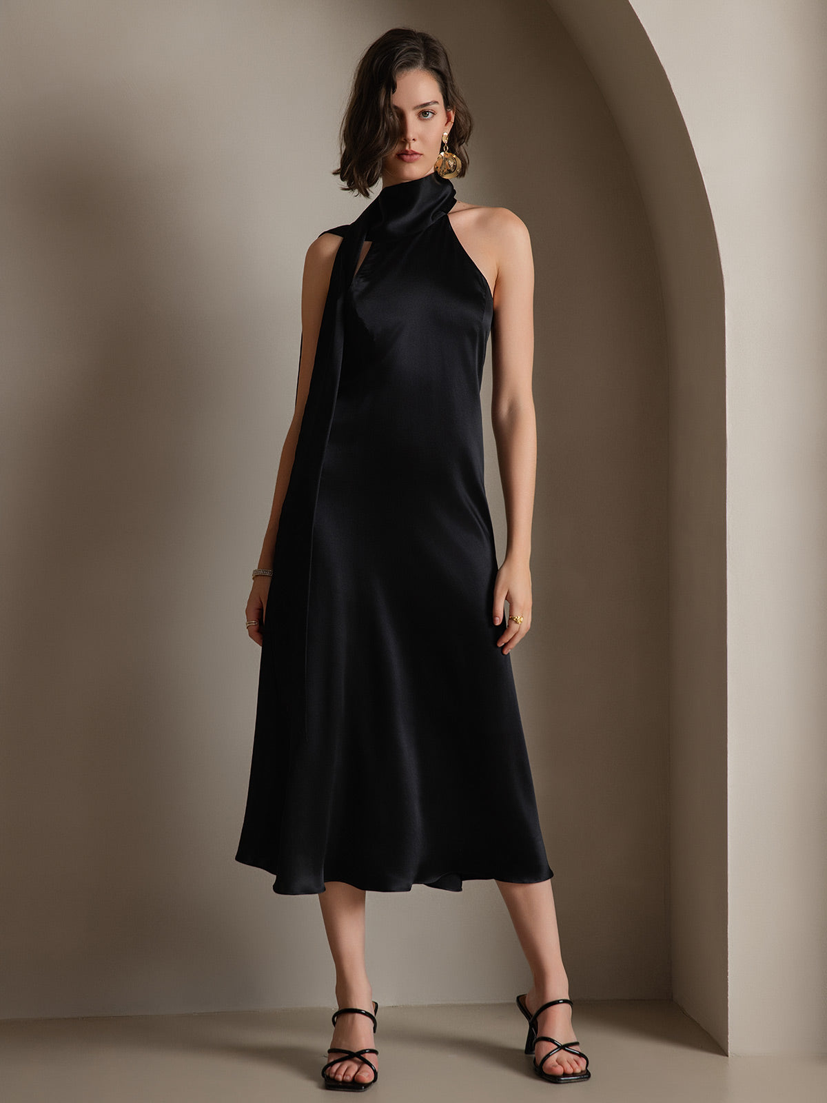 SilkSilky-IT 19Momme Seta Senza maniche Nodo al collo Vestiti da donna Nero 004