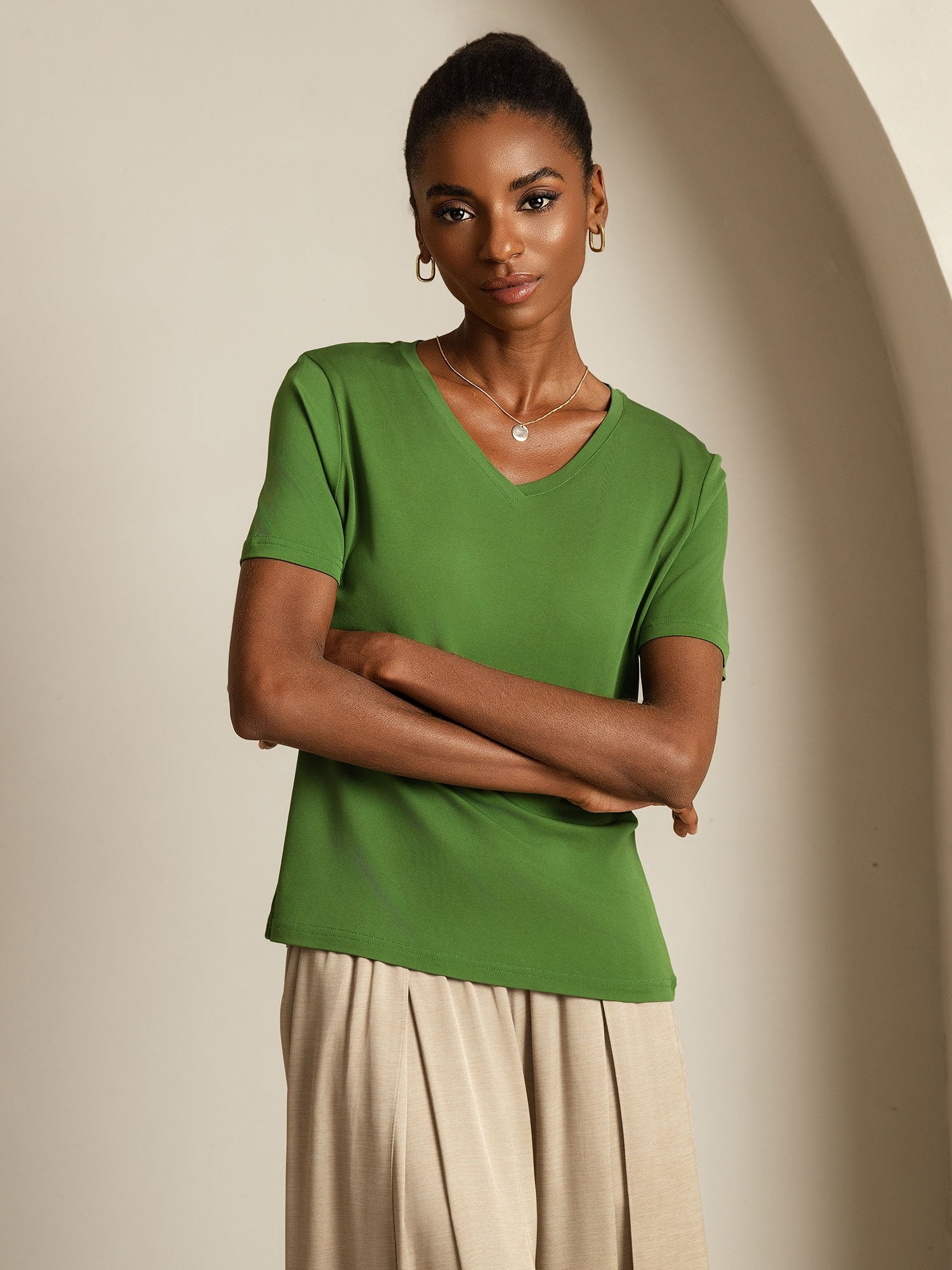 [Verde] SilkSilky-IT Seta pura Womens T-Shirt 007