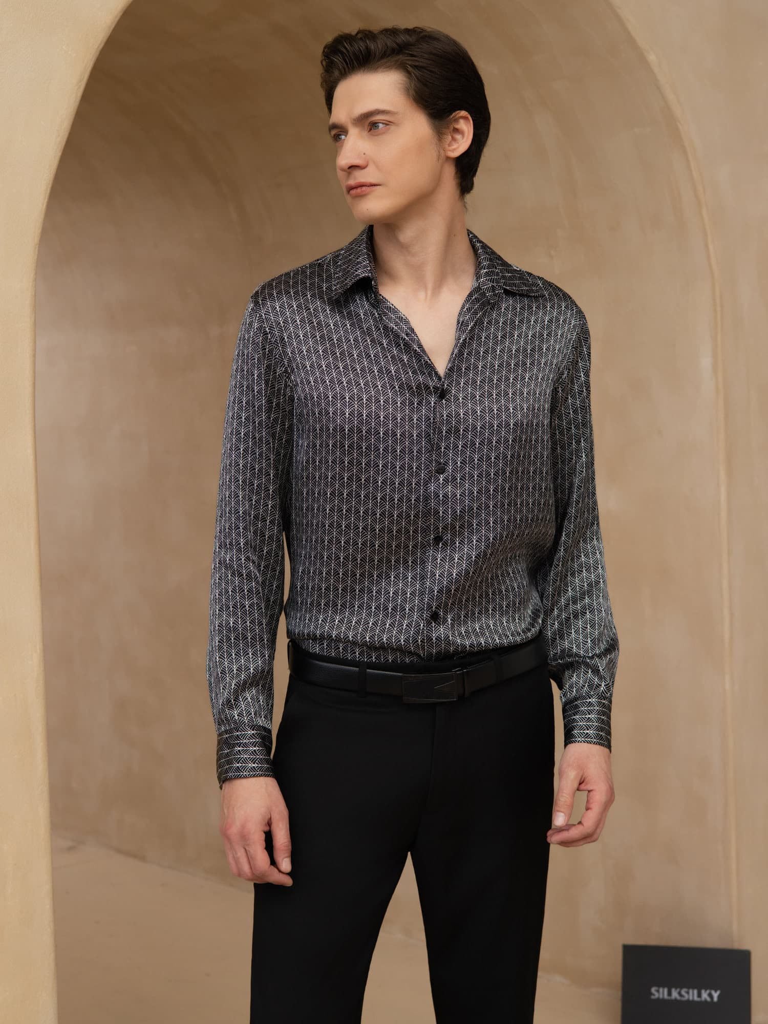 [Ginkgo Nero] SilkSilky-IT Manica lunga Colletto con Revers Camicia da uomo 005