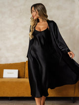 [Nero] SilkSilky-IT Manica lunga Scollo a V Set camicia e vestaglia 005