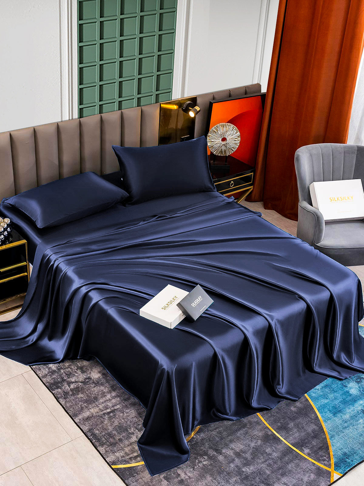 [Blu Scuro] SilkSilky-IT 25Momme Seta pura Bedding Set 005