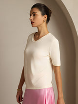[Beige] SilkSilky-IT Maniche Corte Scollo a V Magliette donna 006
