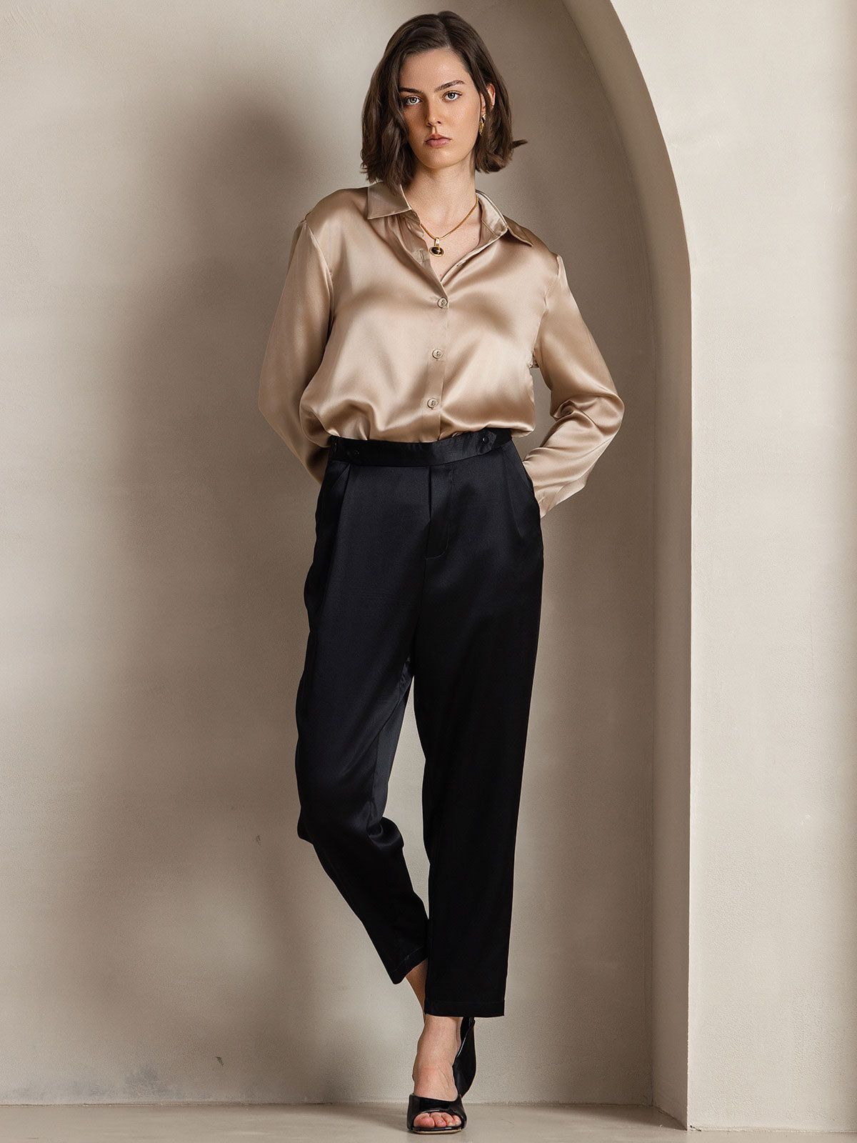 [Champagne] SilkSilky-IT Seta Colletto risvolto Camicie da donna 005