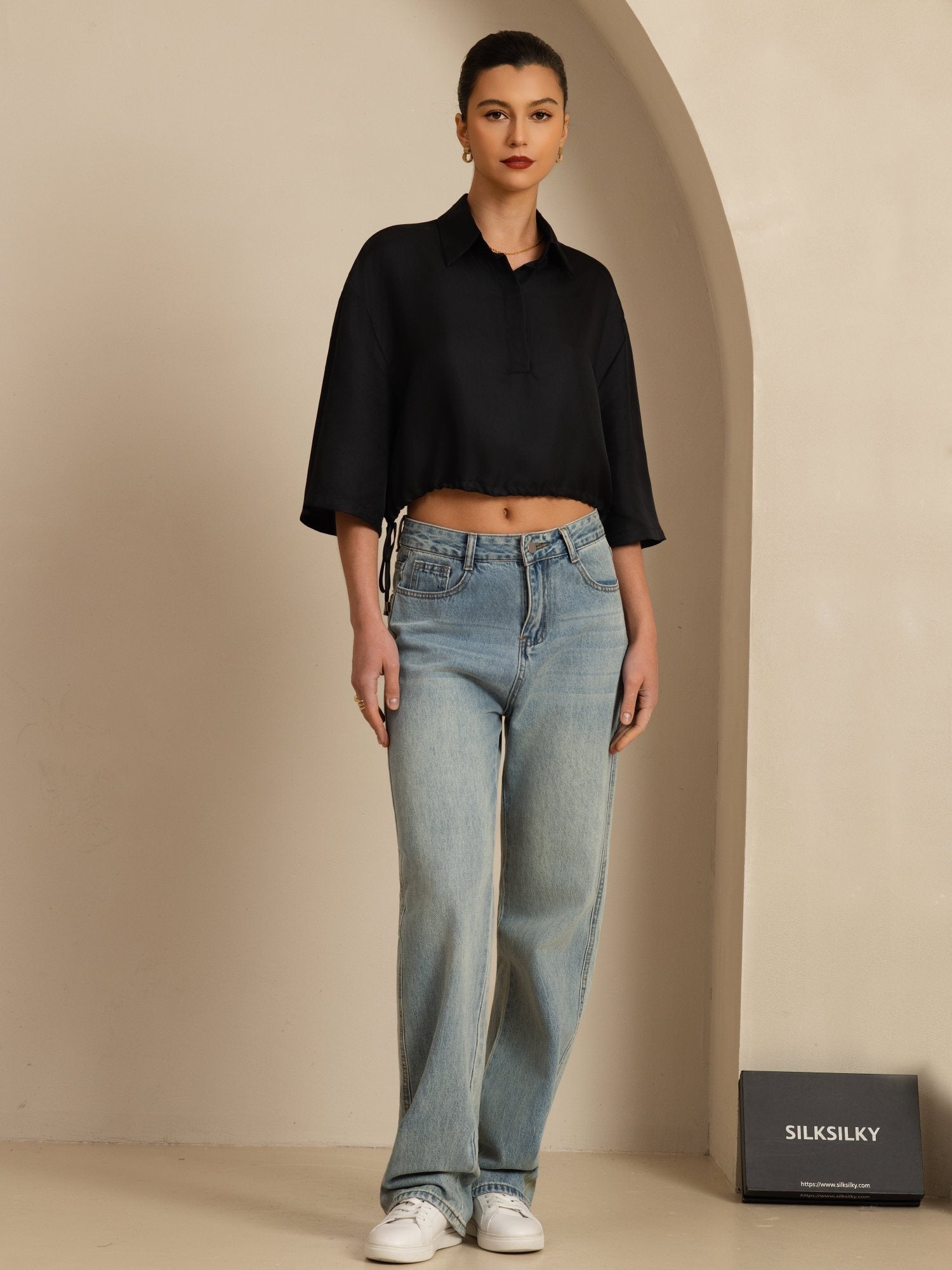 [Nero] SilkSilky-IT 18Momme Manga media Colletto con Revers Camicette 006