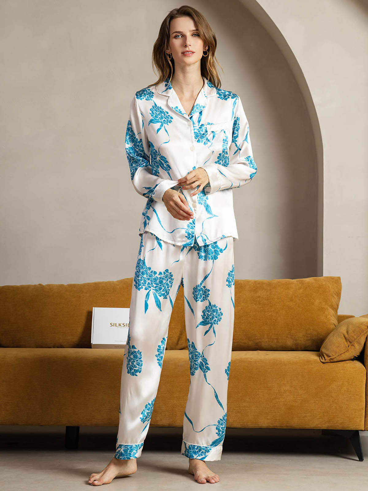 [Floreale Blu] SilkSilky-IT Seta pura Womens Pajamas 003