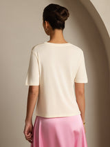[Beige] SilkSilky-IT Maniche Corte Scollo a V Magliette donna 002