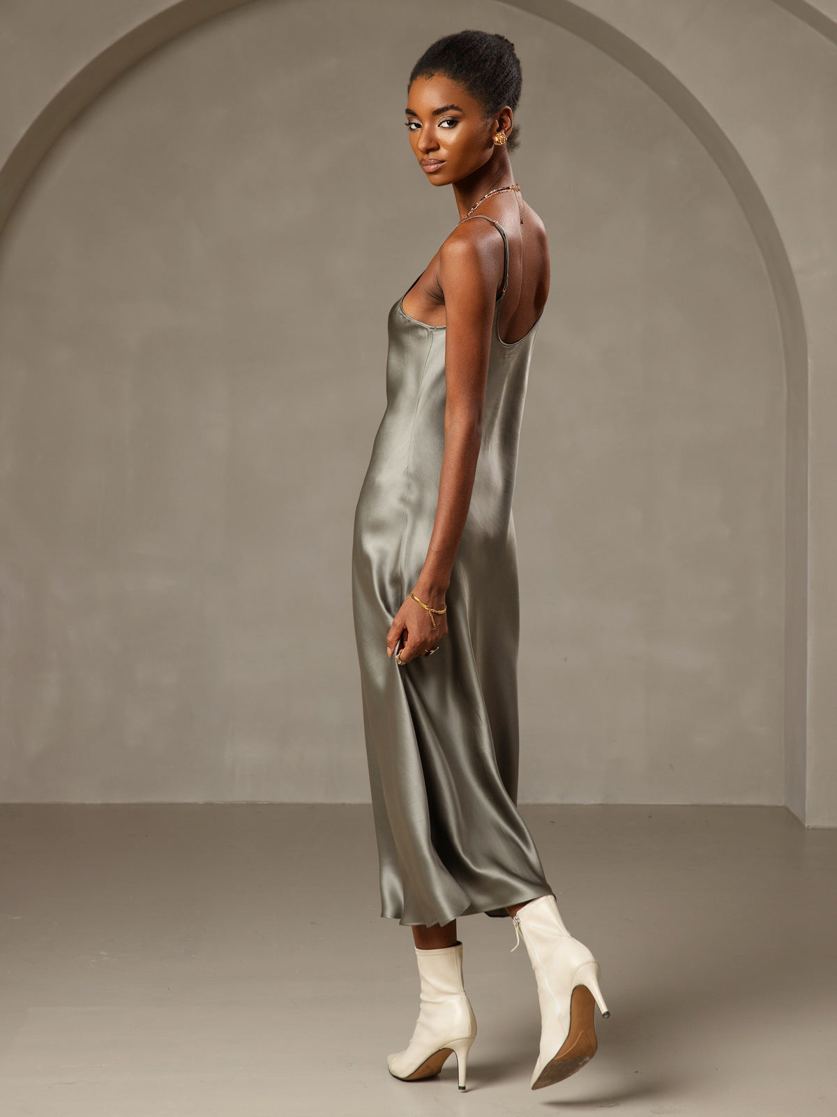 [Verde Grigiastro] SilkSilky-IT Seta pura Dress 002,