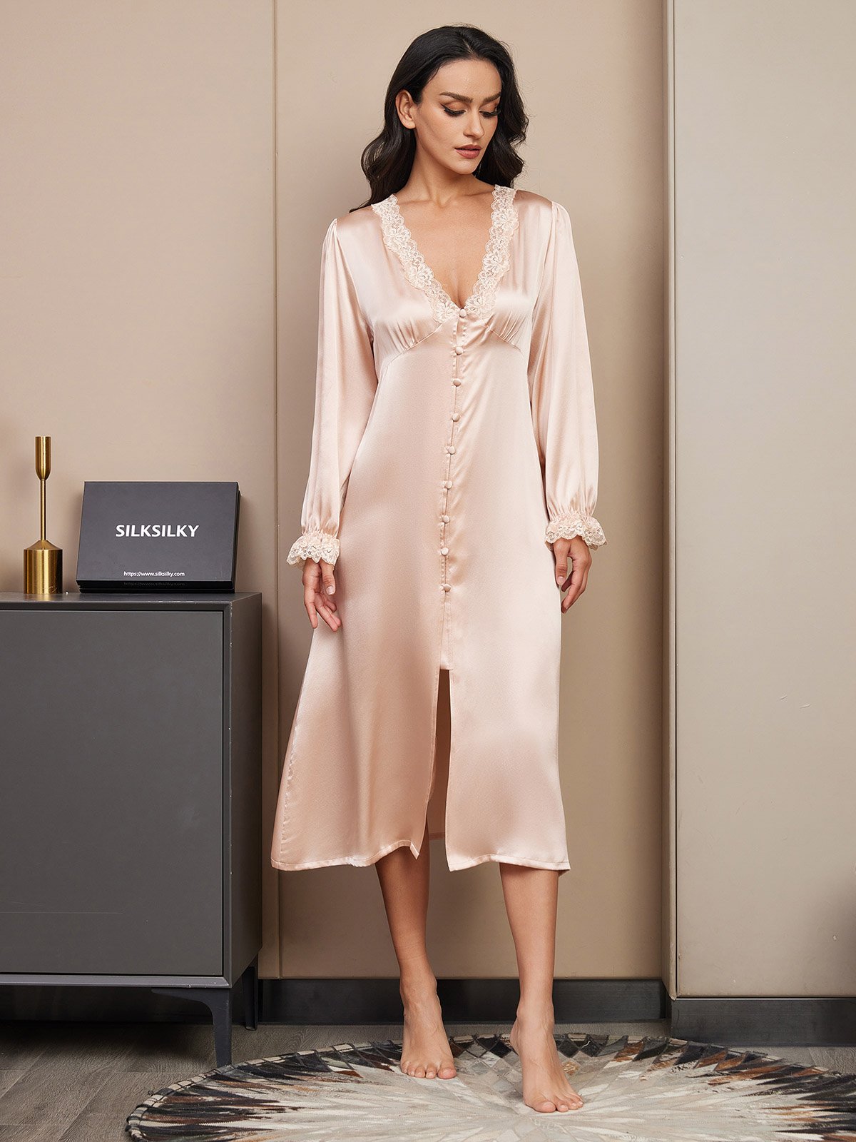 [Champagne] SilkSilky-IT Seta pura Manica lunga Collo a V Camicia da notte 003