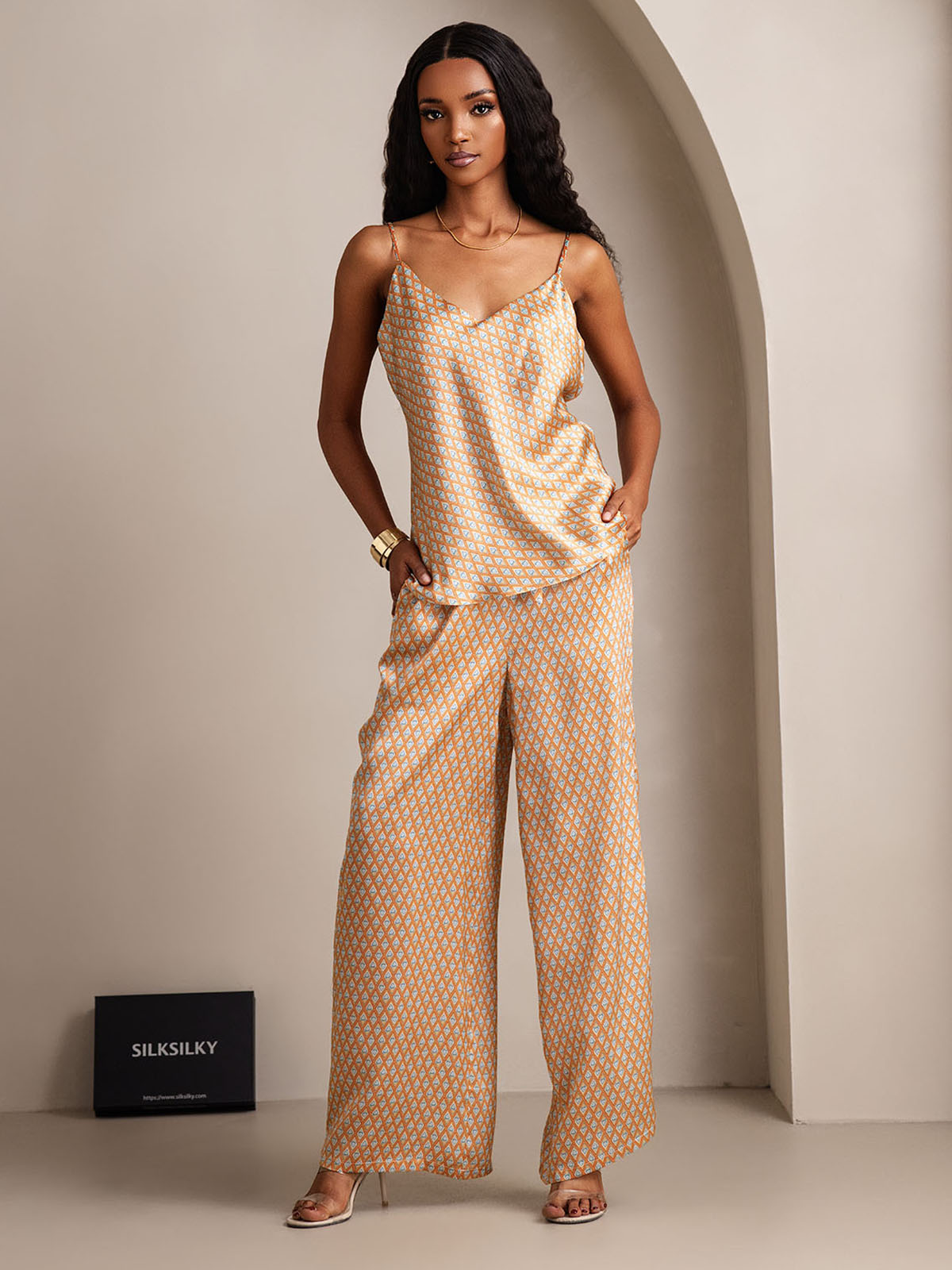 [Floral] SilkSilky-IT Seta pura Collo a V Set di Bretelle 001