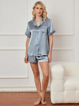 [Blu Acciaio] SilkSilky-IT Short Sleeve Lapel Collar Pigiami da donna 003
