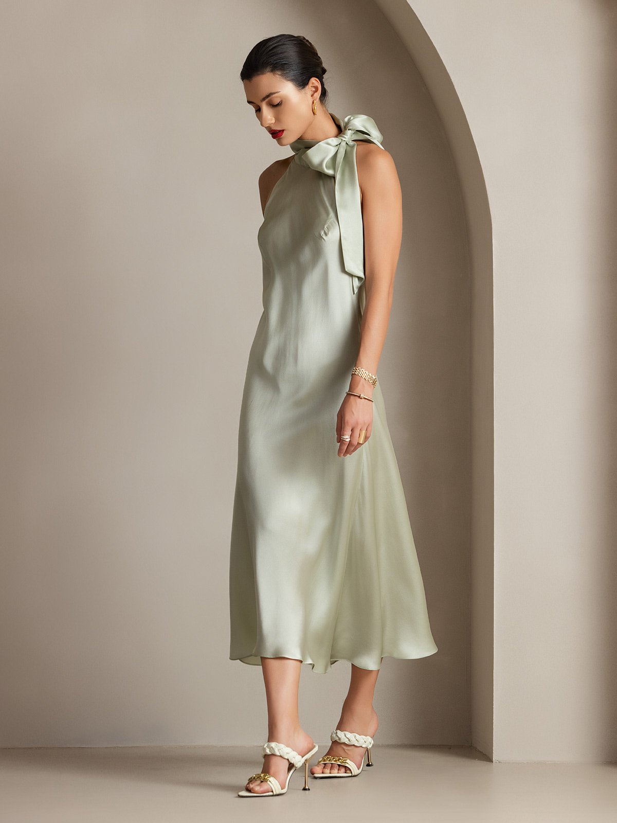 [Verde Chiaro] SilkSilky-IT 19Momme Seta Senza maniche Nodo al collo Vestiti da donna 006