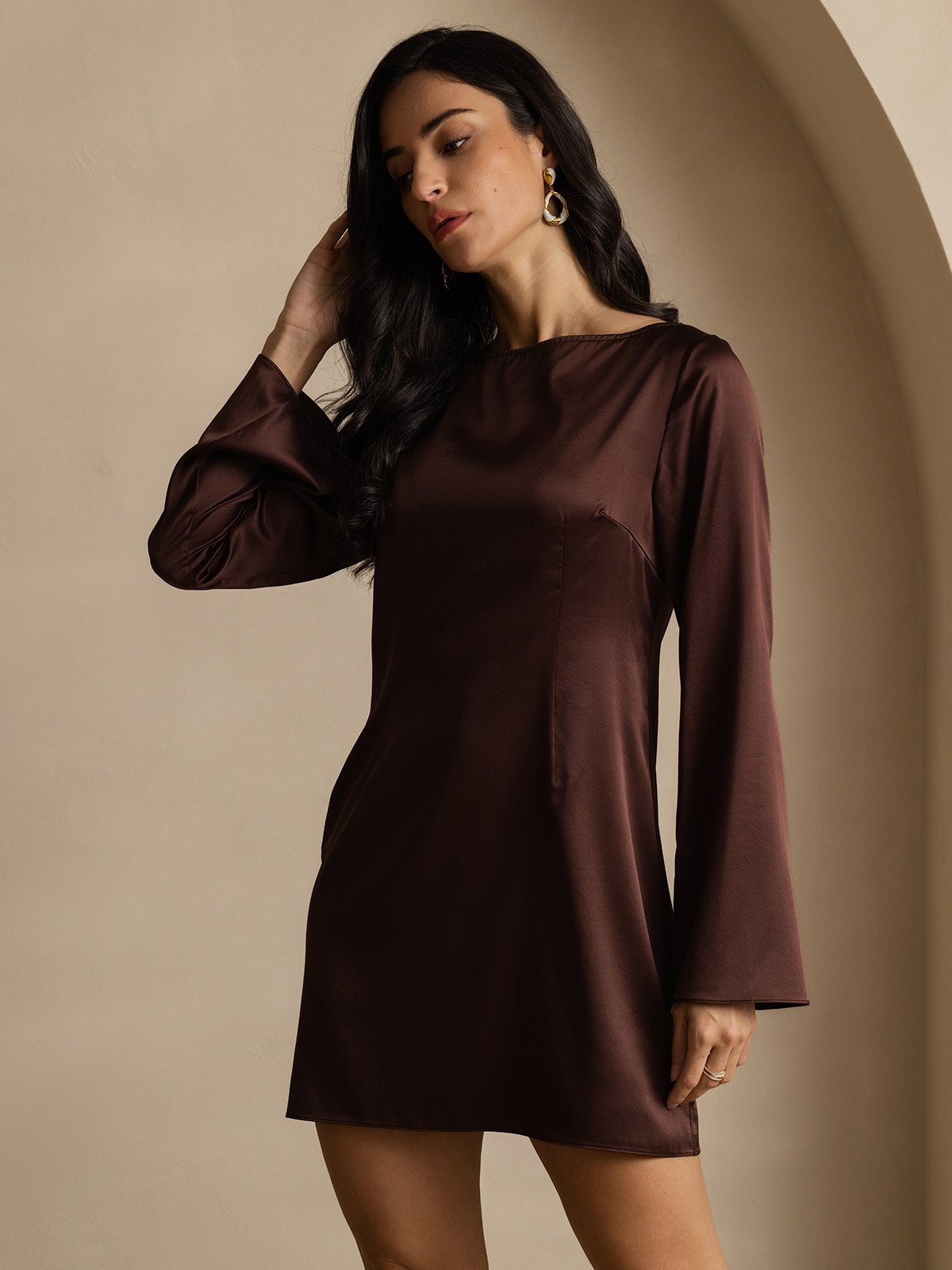 SilkSilky-IT 19Momme Seta Manica lunga Scollatura a barca Vestiti da donna Caffè 006