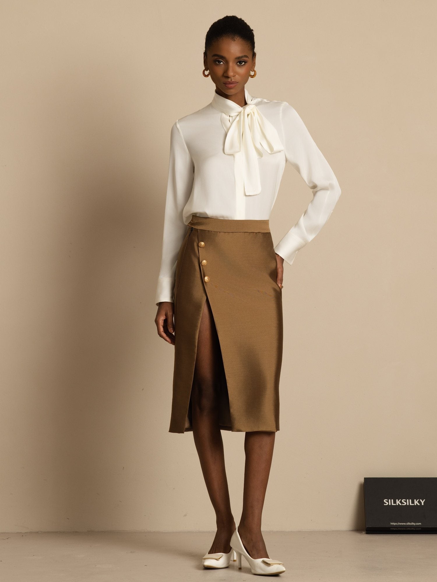 [Bianco] SilkSilky-IT 19Momme Manica lunga Collo con fiocco Camicette 002