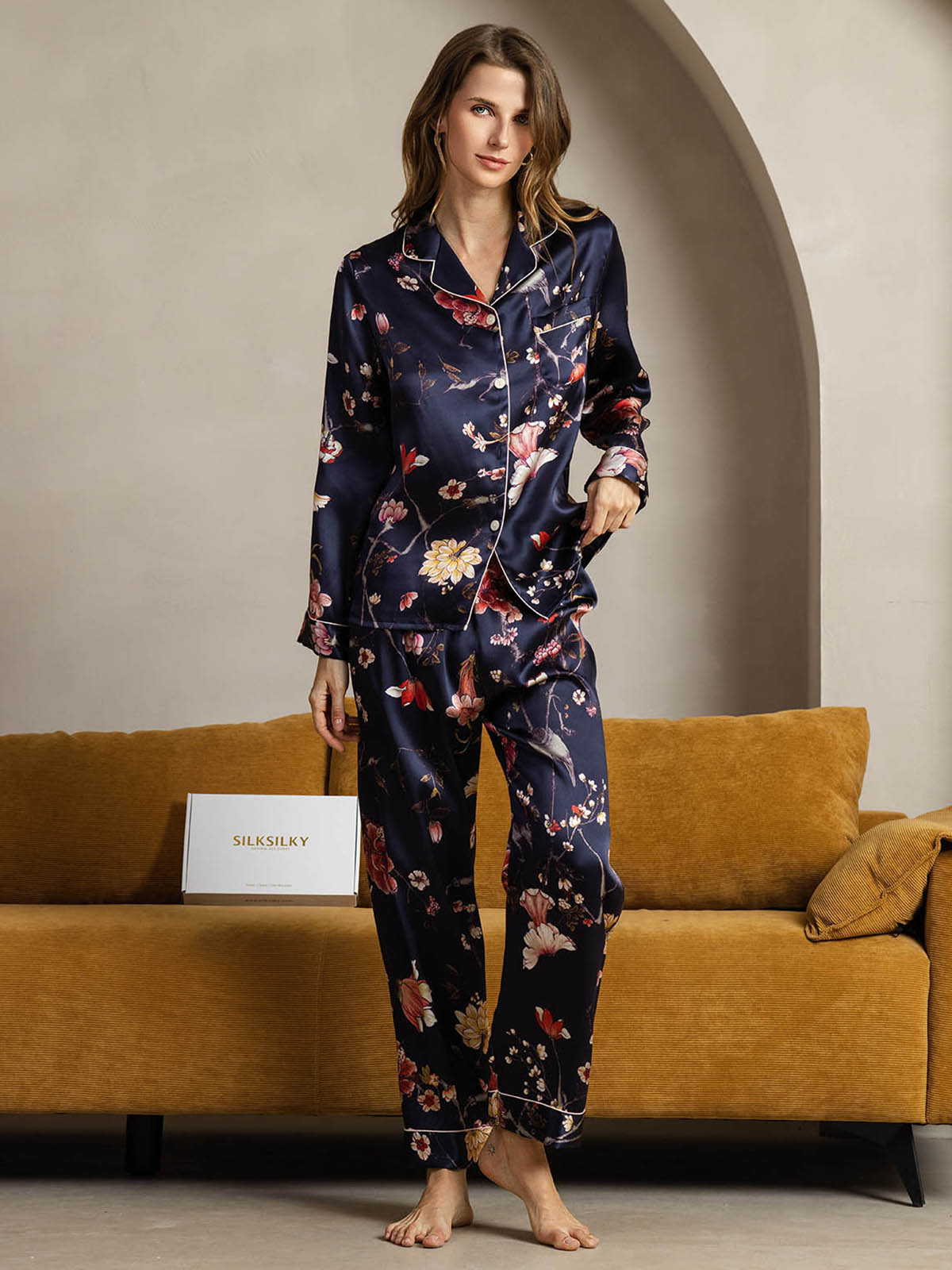 [Floreale Blu Navy] SilkSilky-IT Seta pura Womens Pajamas 004