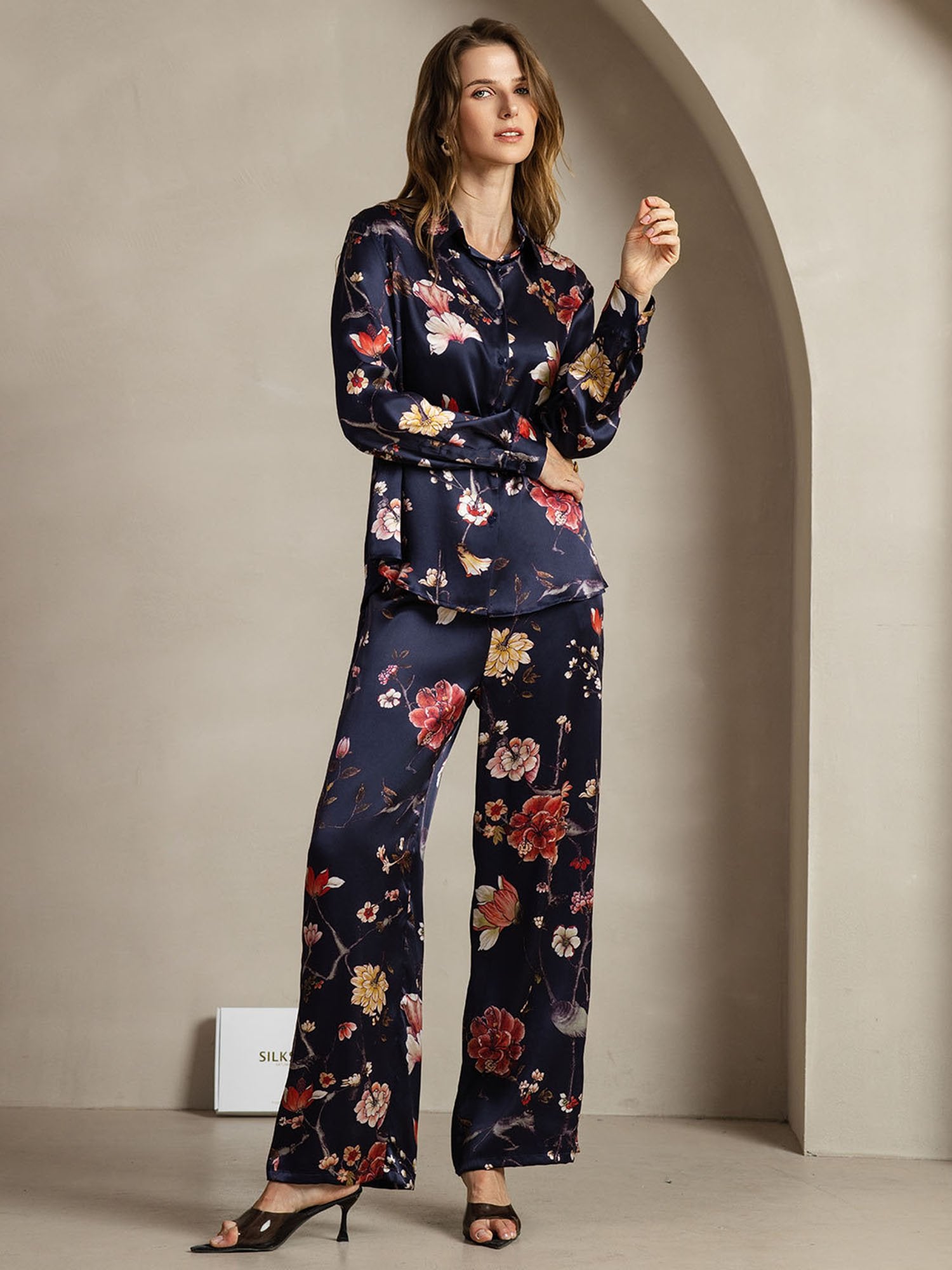 [FlorealeBluNavy] SilkSilky-IT 19Momme Seta Colletto risvolto Women''s Outfit Sets 004