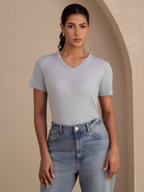 [Blu Grigiastro] SilkSilky-IT Short Sleeve V Neck Magliette donna 003