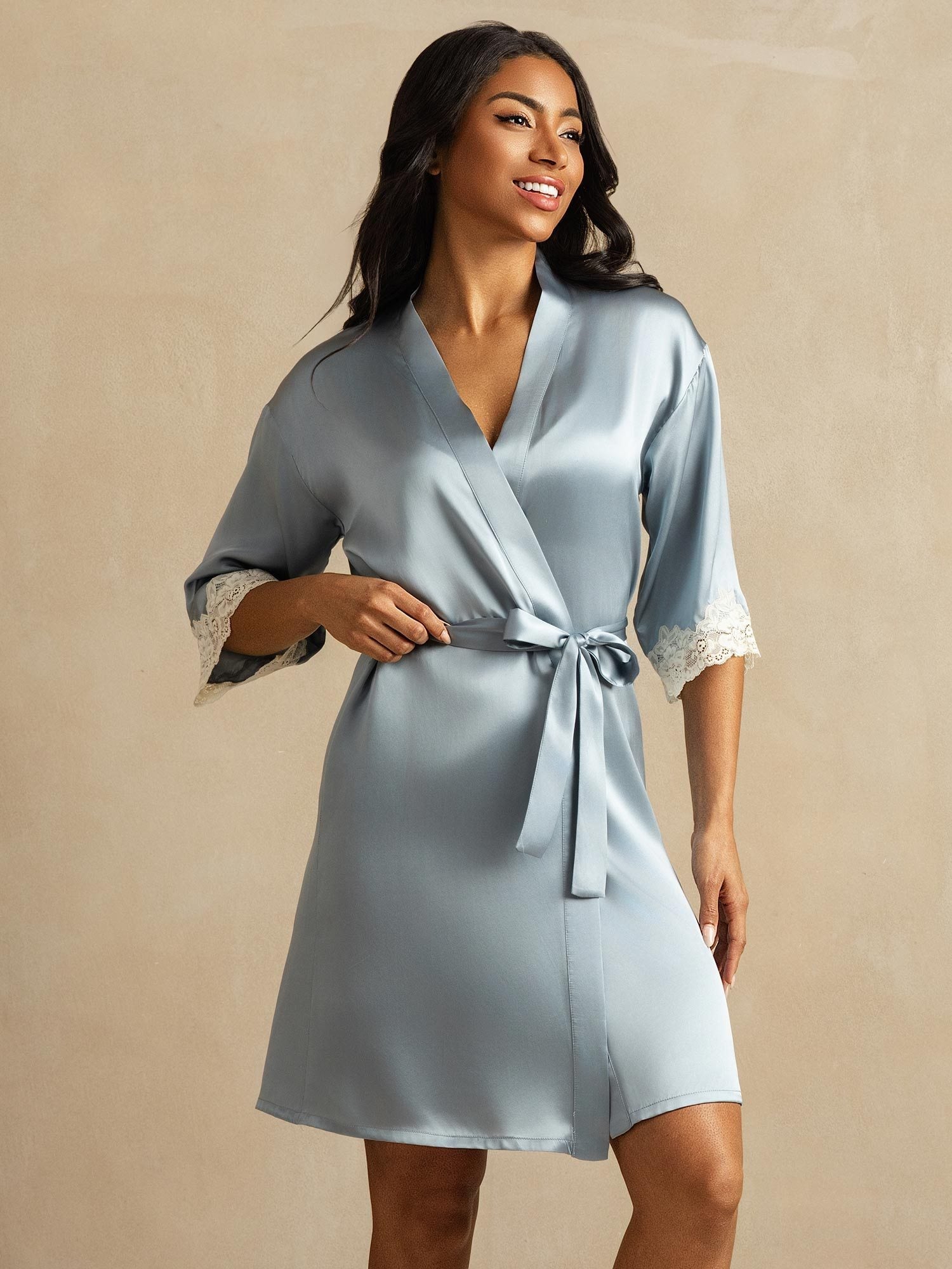 [Blu Grigiastro] SilkSilky-IT Seta pura Womens Robe 001