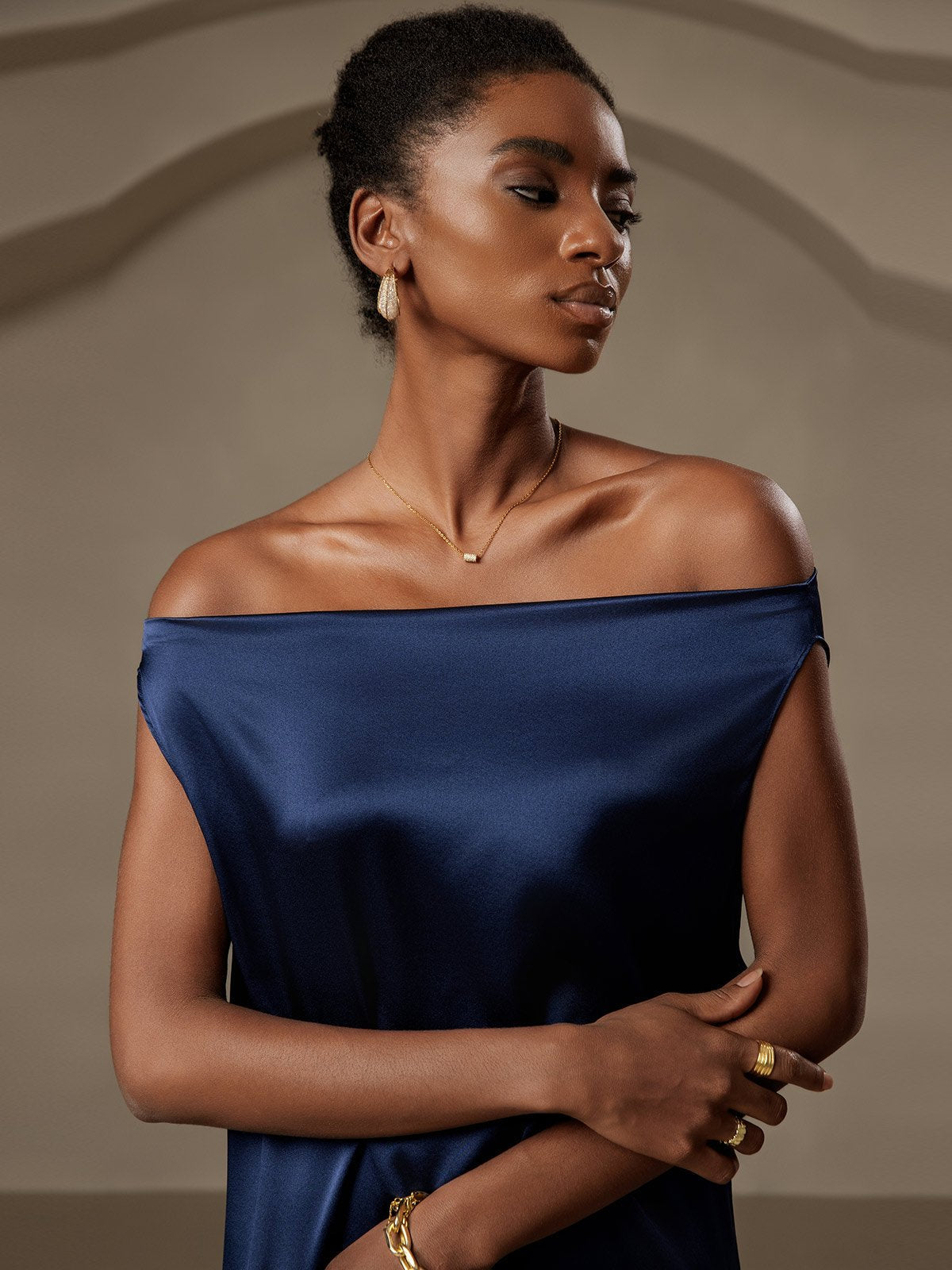 [Blu Scuro] SilkSilky-IT 19Momme Senza maniche Collo drappeggiato Vestiti da donna 005